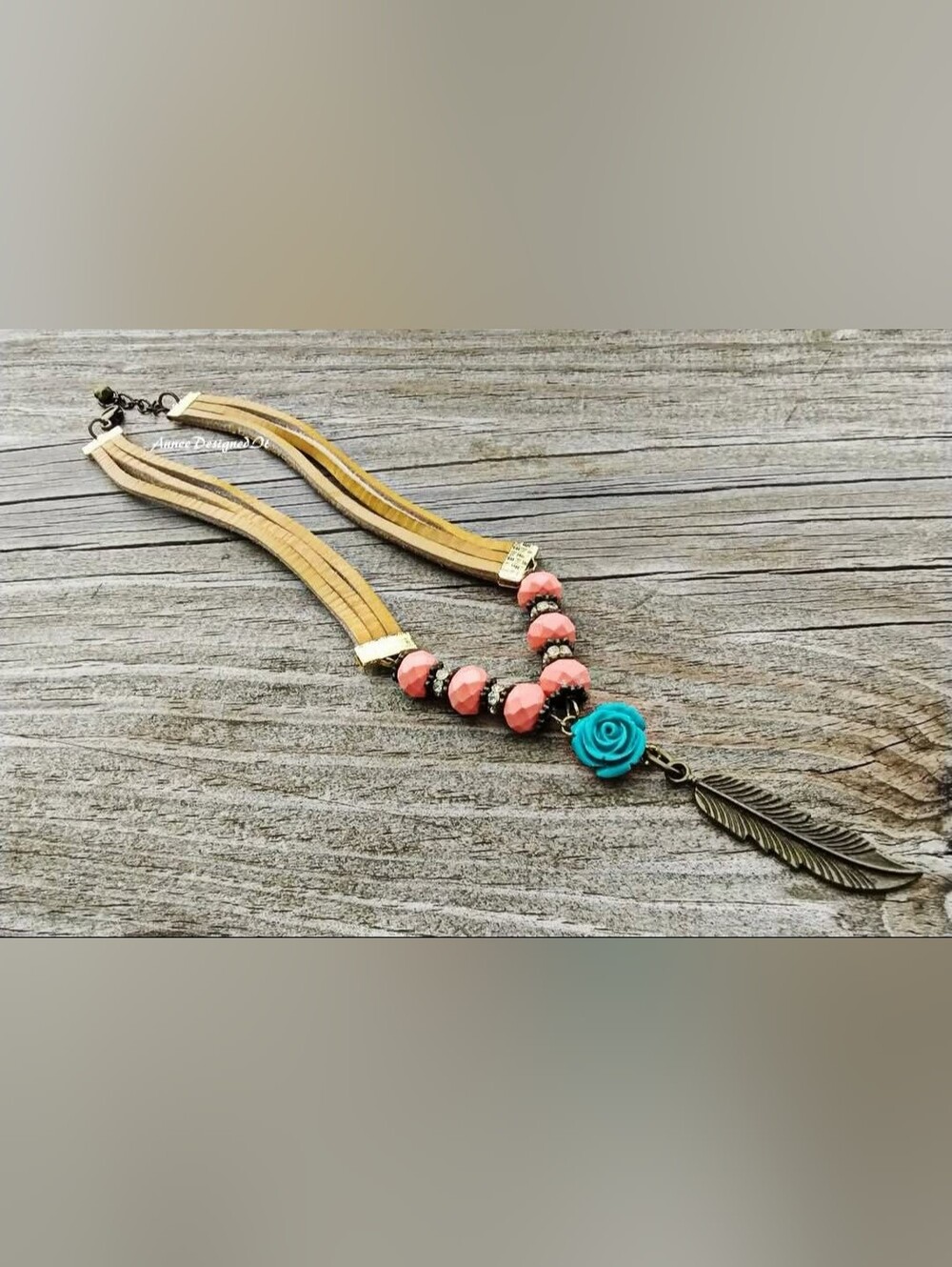 Stylish Turquoise Rose & Coral Beaded, Tan Leather Necklace
